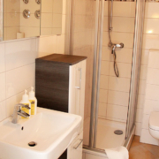 Bild 3-Bett-Apartment im Untergeschoss (Apartment 02 Fläming) Ansicht Bad mit Waschbecken, Dusche und Toilette